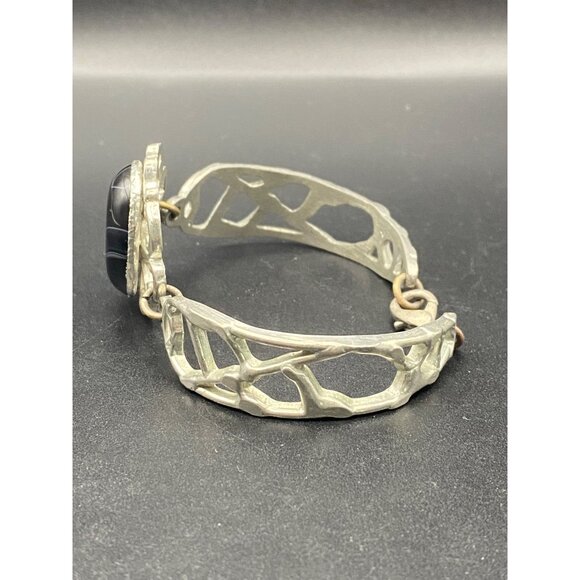 Vintage Black Onyx Cabochon Silver Plated Bracelet Signed Armuna Mexico Artisan - Picture 4 of 10